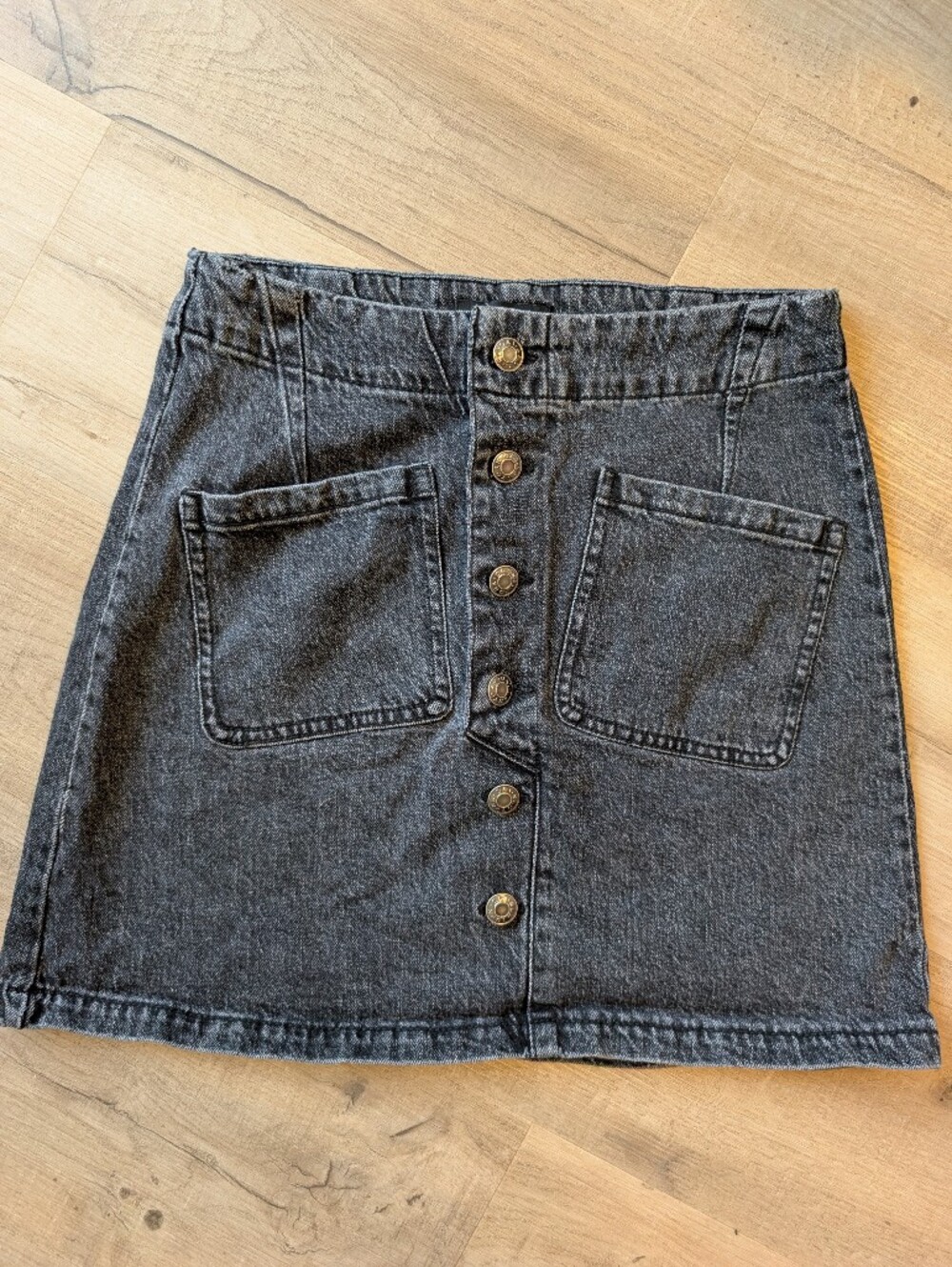 High-Waist Button Front Denim Skirt - Charcoal